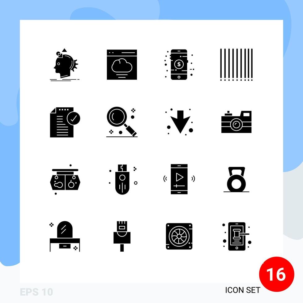 Solid Glyph Pack of 16 Universal Symbols of document approve user product shop Editable Vector Design Elements