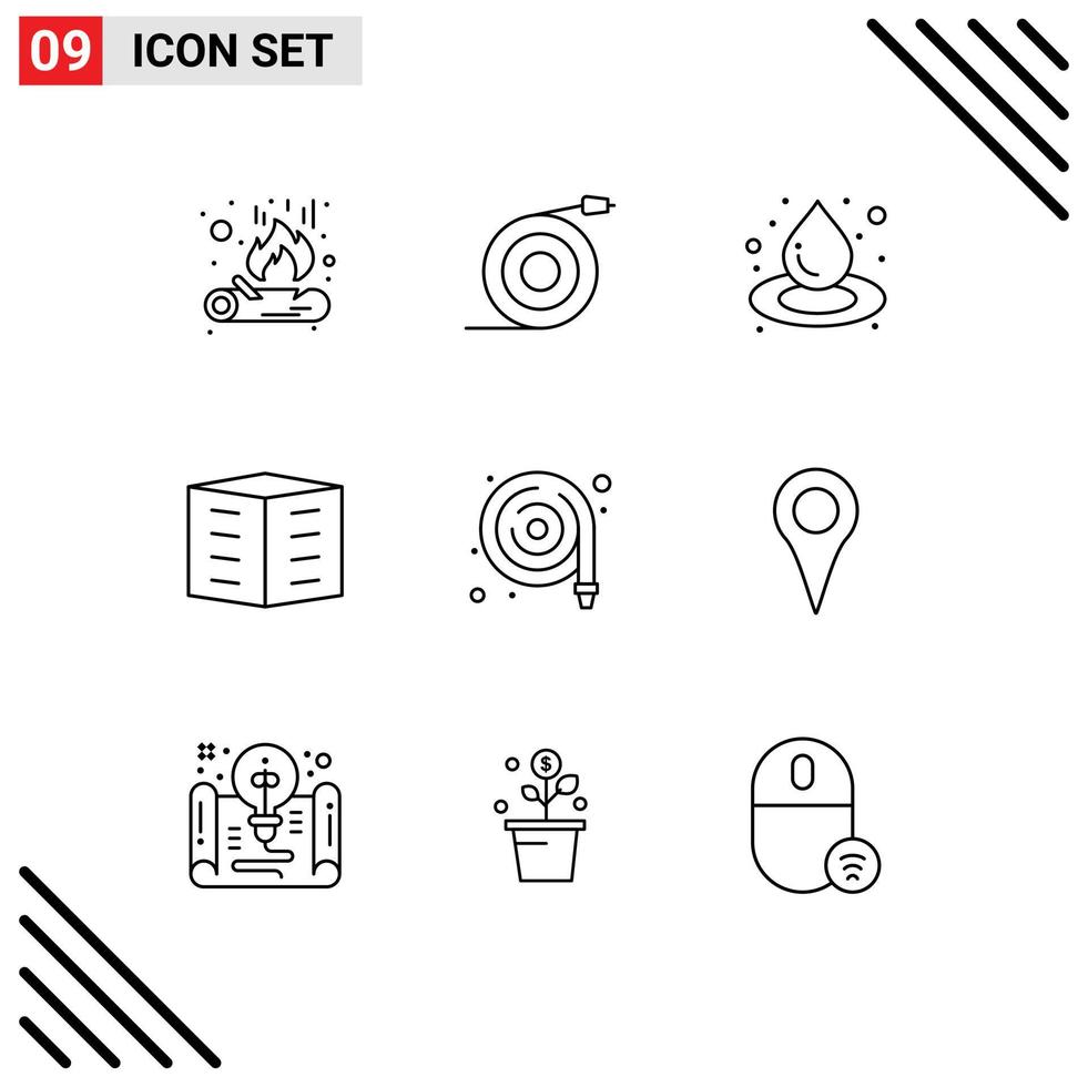 Pictogram Set of 9 Simple Outlines of water fire hose liquid office blocks city building Editable Vector Design Elements