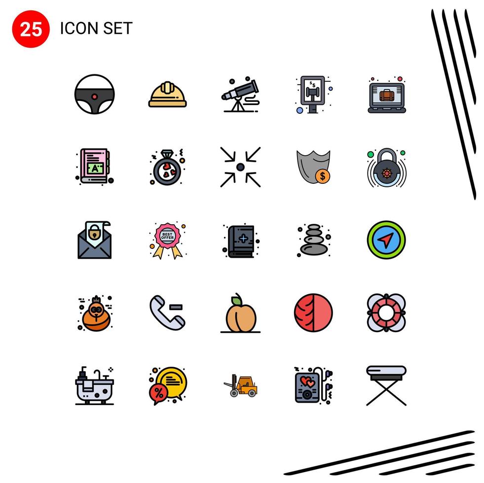 Pack of 25 Modern Filled line Flat Colors Signs and Symbols for Web Print Media such as laptop brief spyglass sign board auction Editable Vector Design Elements