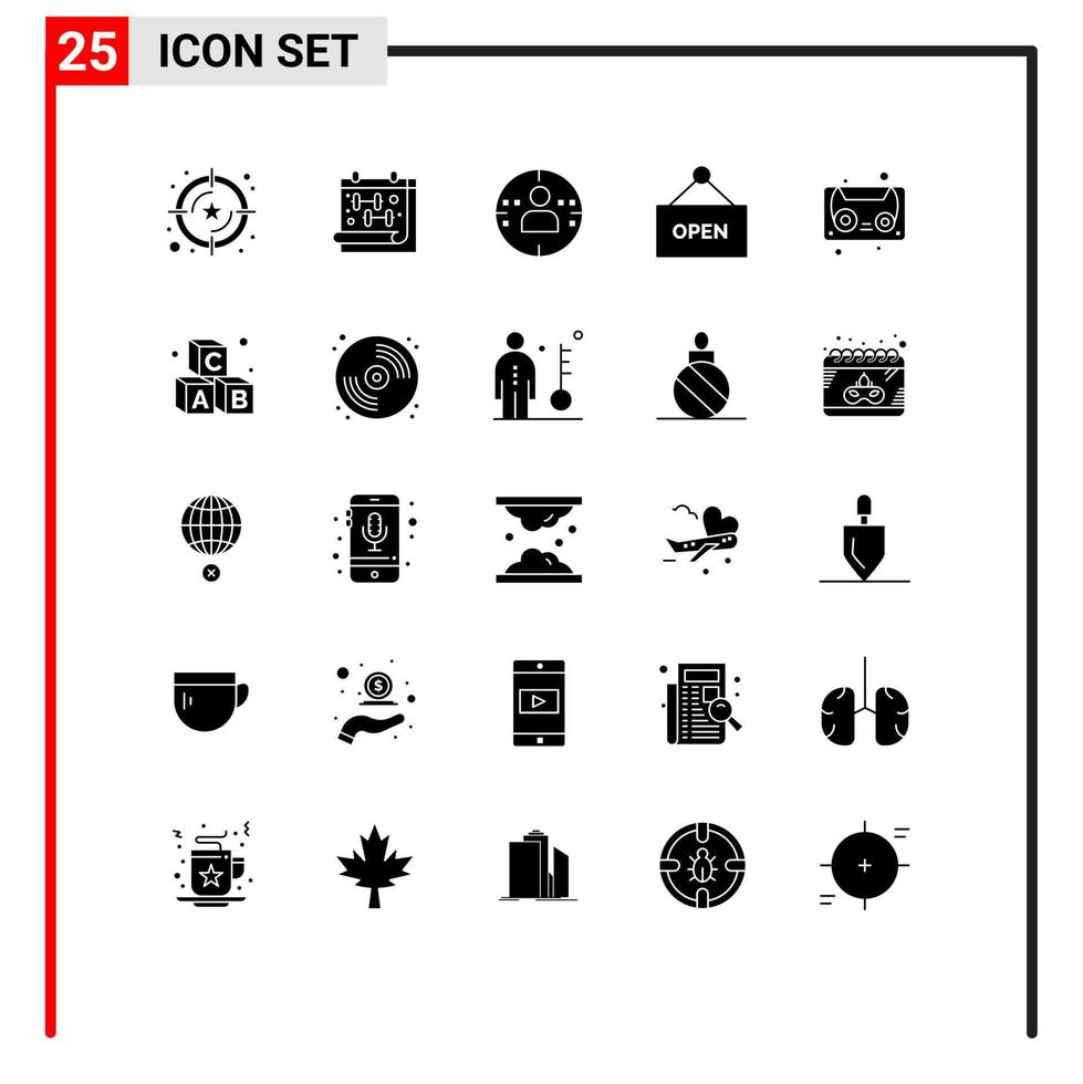 Pictogram Set of 25 Simple Solid Glyphs of alphabet cassette man audio tape shop Editable Vector Design Elements