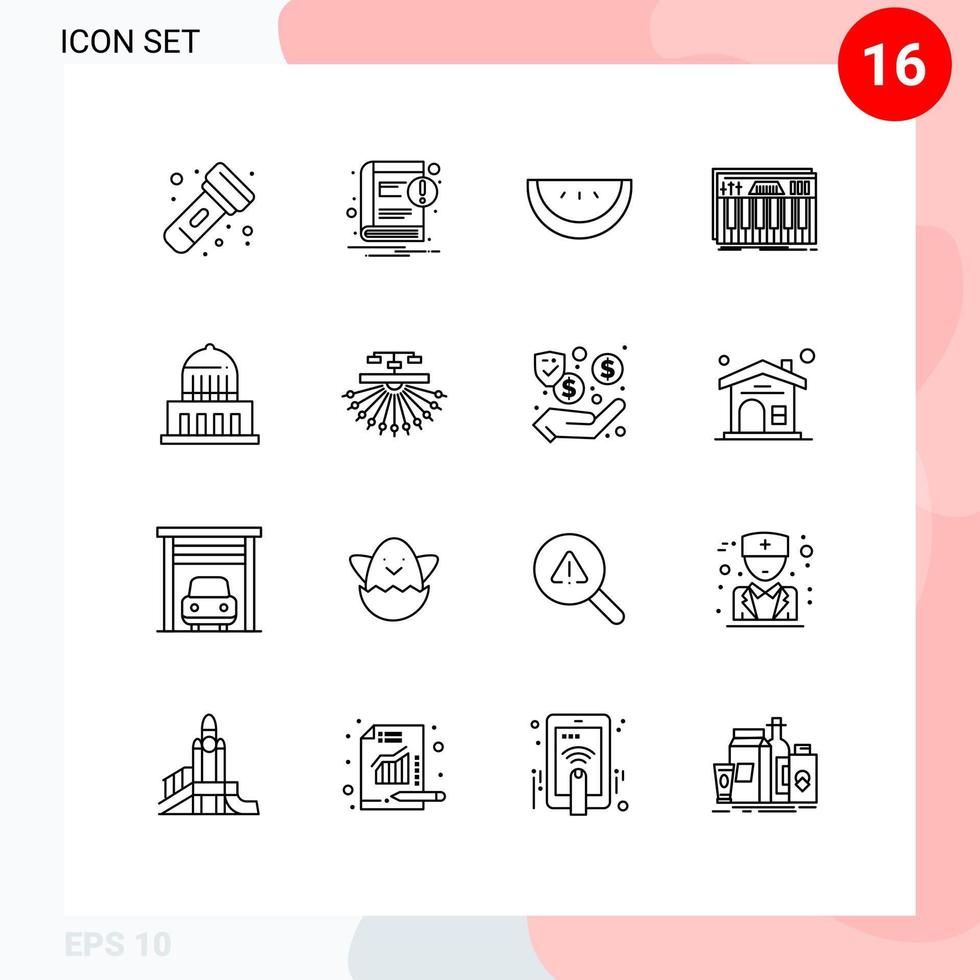 16 Thematic Vector Outlines and Editable Symbols of landmark building slice sound keys Editable Vector Design Elements