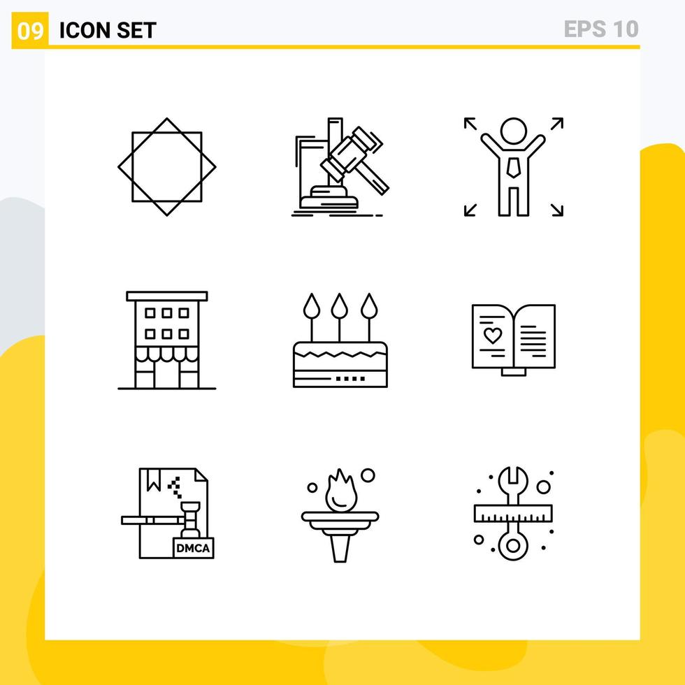 Editable Vector Line Pack of 9 Simple Outlines of cake shop front law retail buildings Editable Vector Design Elements