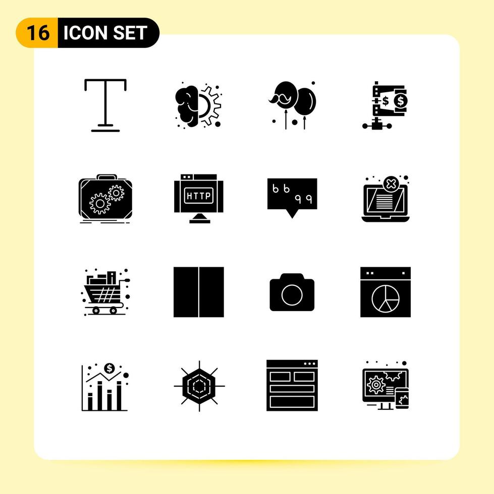 Pack of 16 Modern Solid Glyphs Signs and Symbols for Web Print Media such as briefcase market balloon income business Editable Vector Design Elements