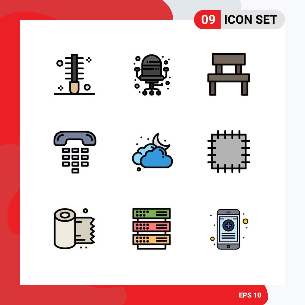 Set of 9 Vector Filledline Flat Colors on Grid for phone contact bench communication park Editable Vector Design Elements