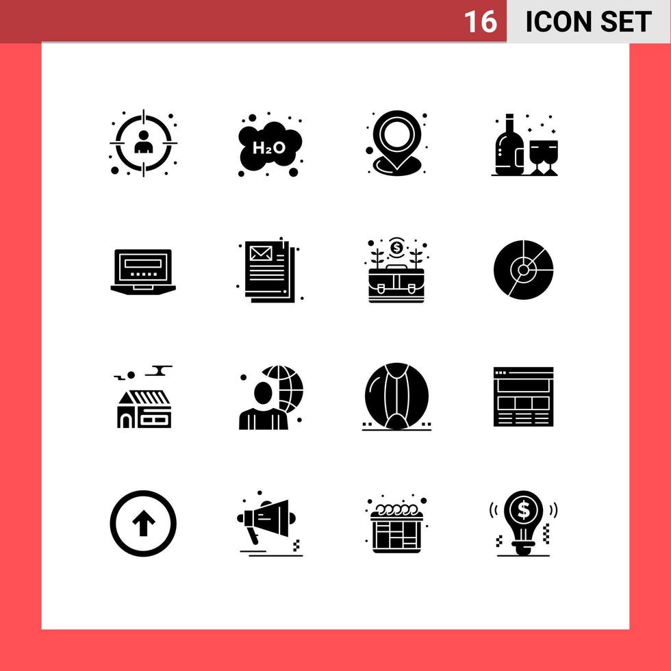 Modern Set of 16 Solid Glyphs Pictograph of glass alcohol school point map Editable Vector Design Elements