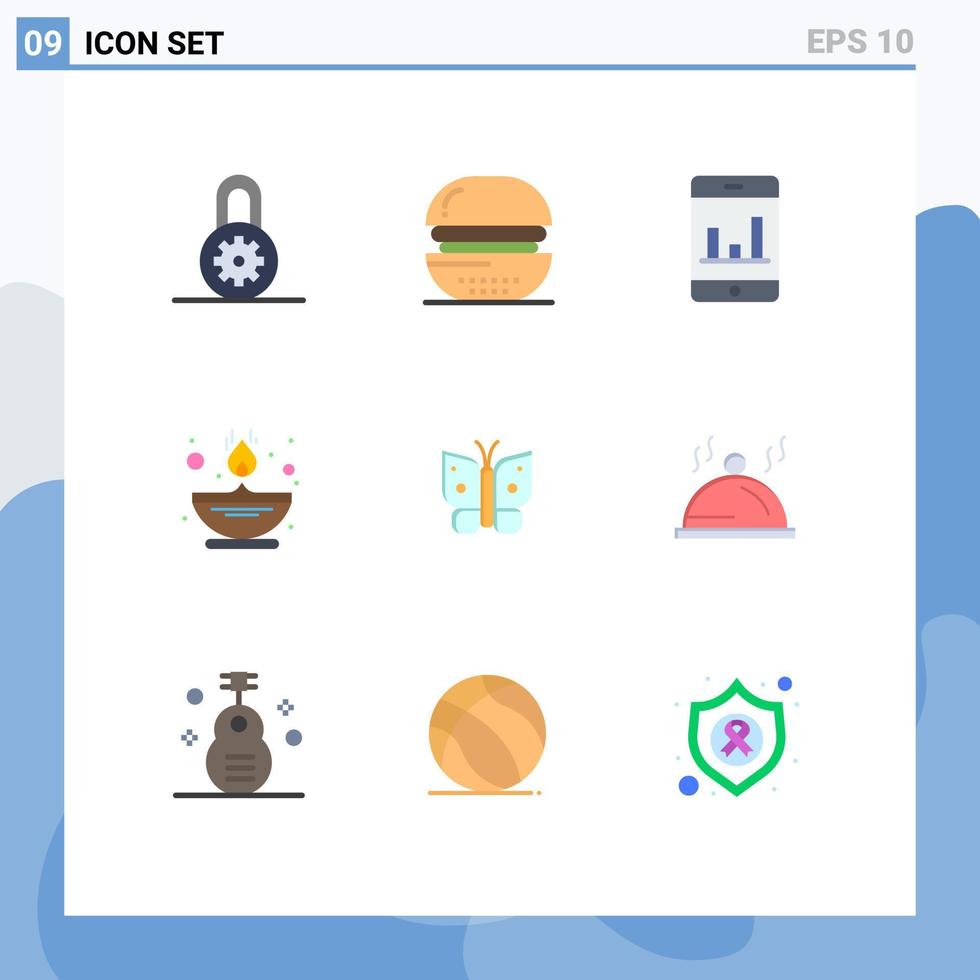 paquete de 9 signos y símbolos de colores planos modernos para medios de impresión web, como análisis de mariposas de insectos, elementos de diseño de vectores editables de llama de aceite
