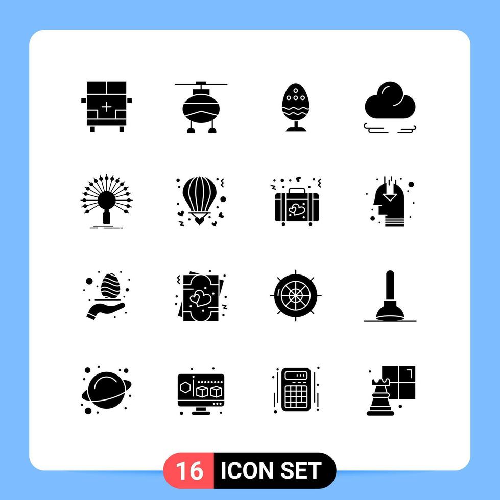 Solid Glyph Pack of 16 Universal Symbols of data cloud vehicles wind egg Editable Vector Design Elements