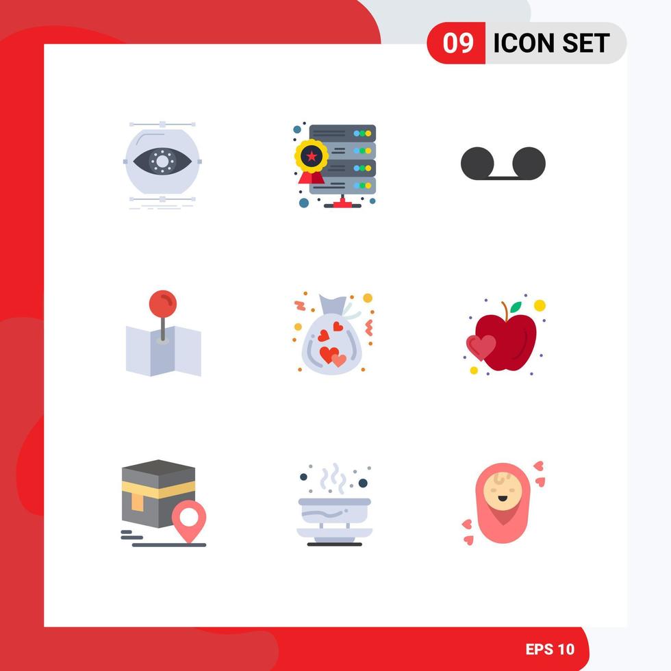 9 Thematic Vector Flat Colors and Editable Symbols of love charity web hosting bag map Editable Vector Design Elements