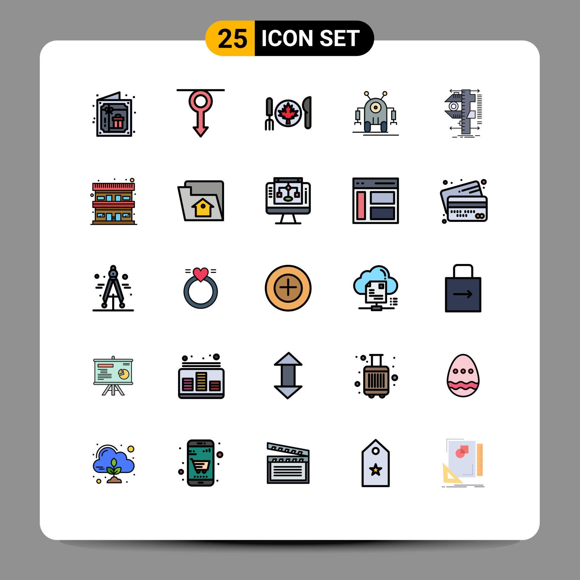 Mobile Interface Filled line Flat Color Set of 25 Pictograms of measure