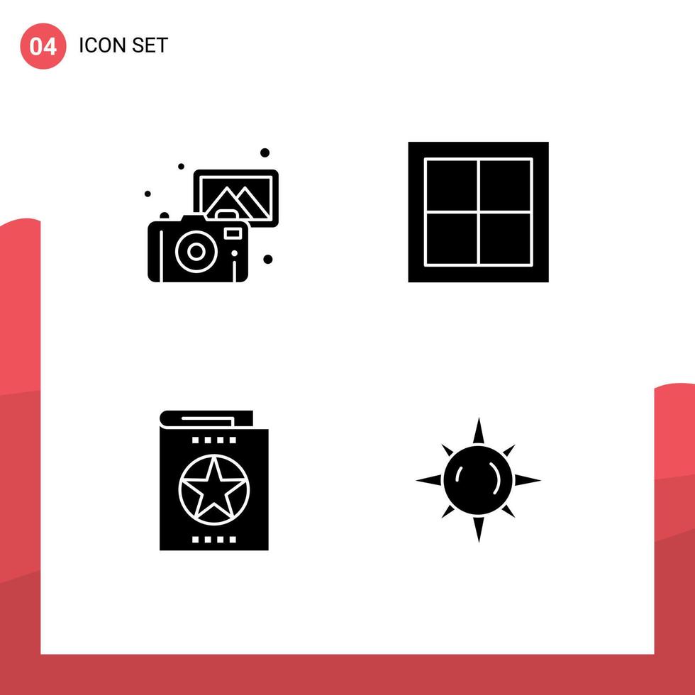 Group of 4 Solid Glyphs Signs and Symbols for images book camera house halloween Editable Vector Design Elements