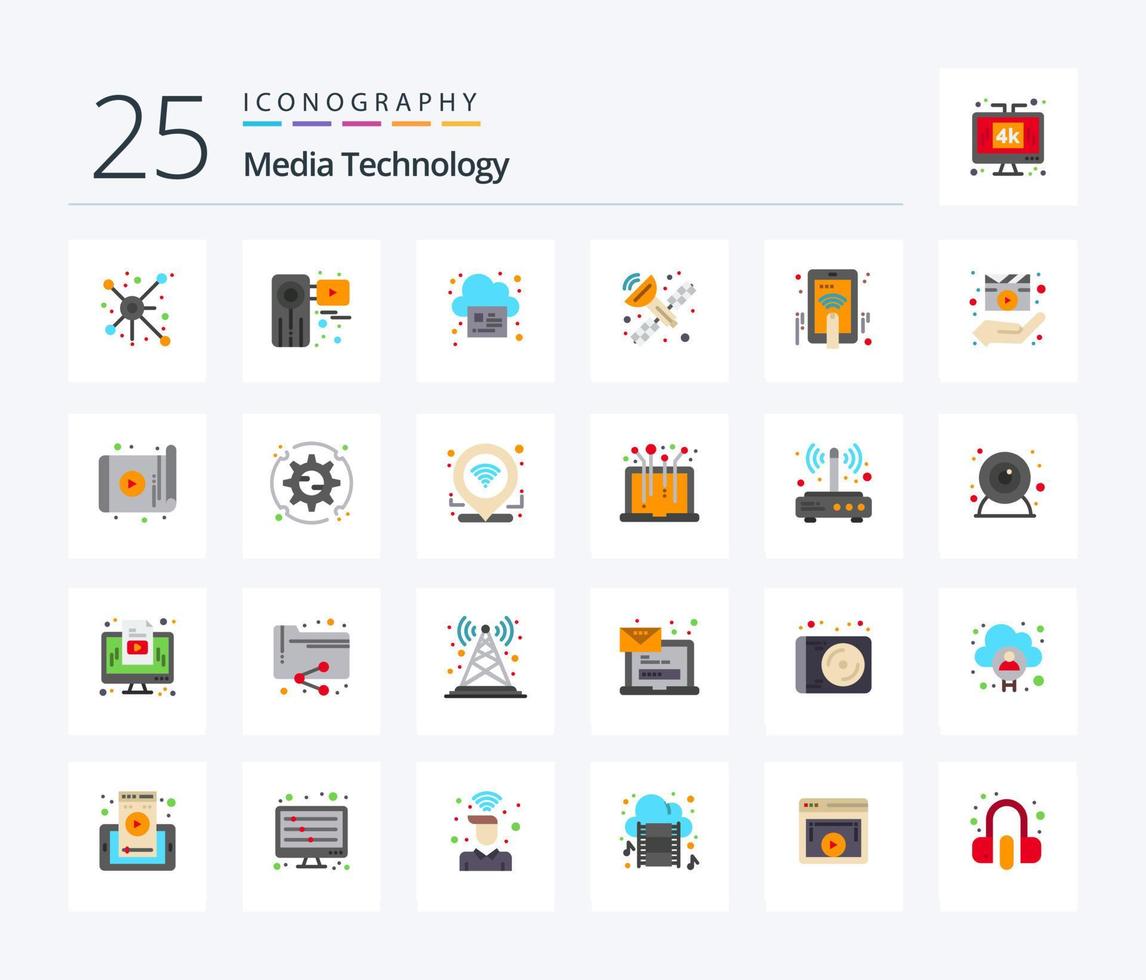 Media Technology 25 Flat Color icon pack including hand touch. antenna radar. film. satellite. cloud vector