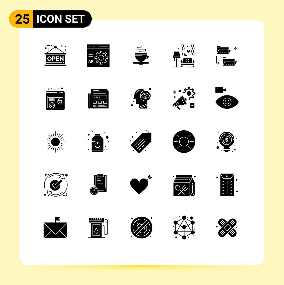 Editable Vector Line Pack of 25 Simple Solid Glyphs of folder heart tea love lump Editable Vector Design Elements