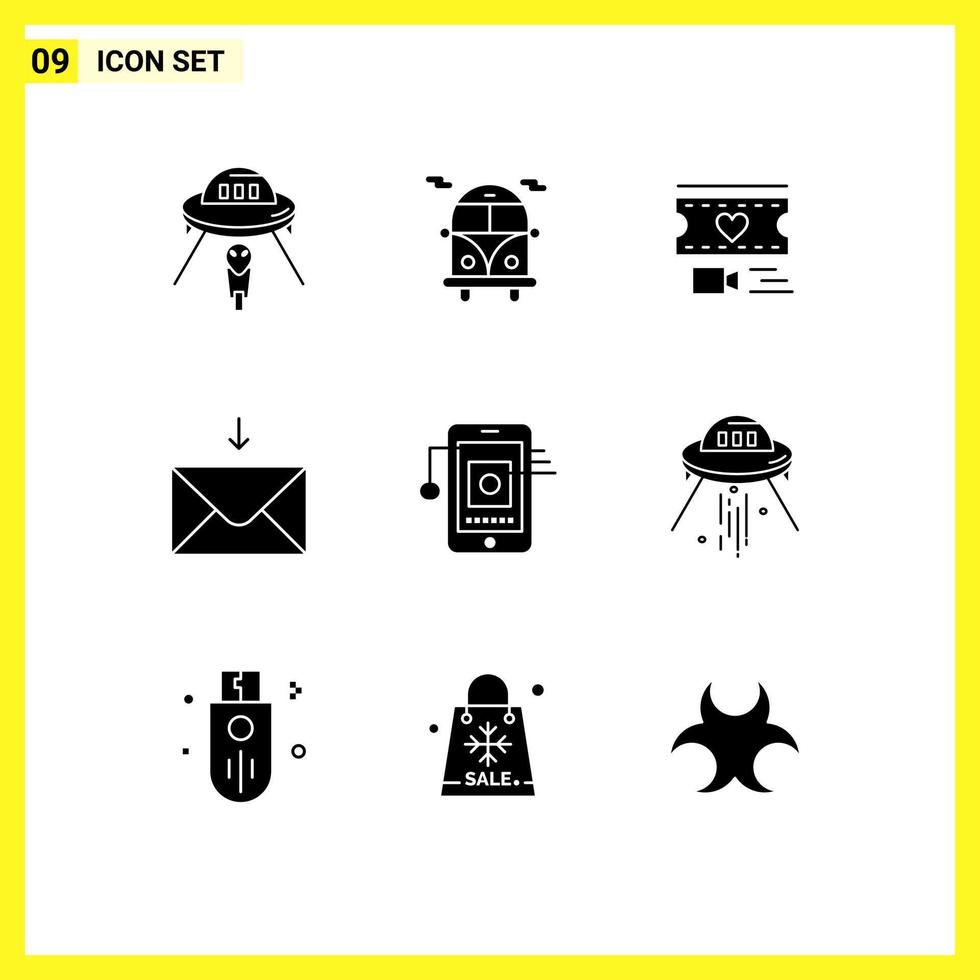 Group of 9 Modern Solid Glyphs Set for hardware mobile filam receive mail Editable Vector Design Elements