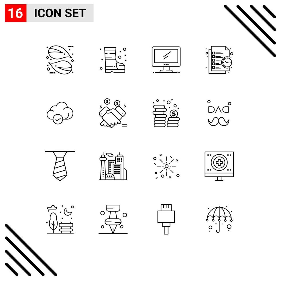 Group of 16 Modern Outlines Set for cloud task monitor management business Editable Vector Design Elements
