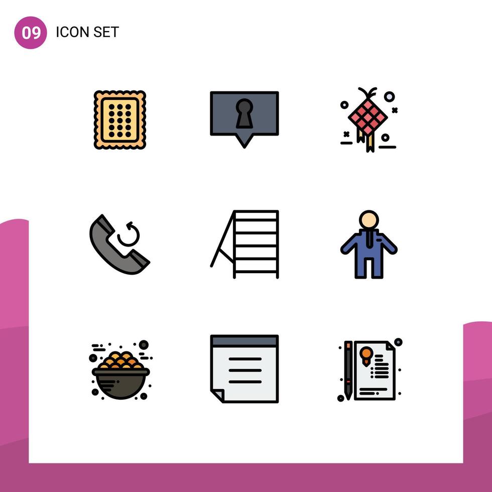 Filledline Flat Color Pack of 9 Universal Symbols of stairs callback decoration phone hanging Editable Vector Design Elements