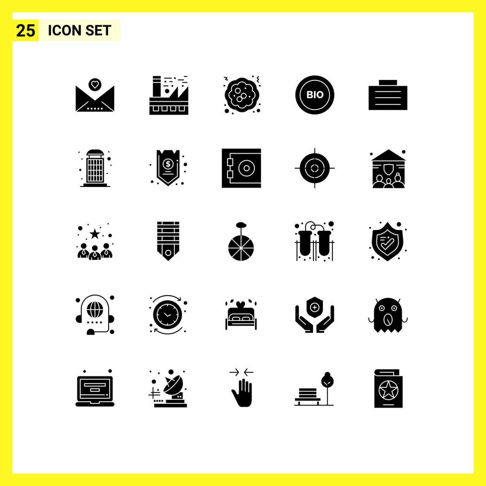 Group of 25 Modern Solid Glyphs Set for case energy cake efficiency bio Editable Vector Design Elements