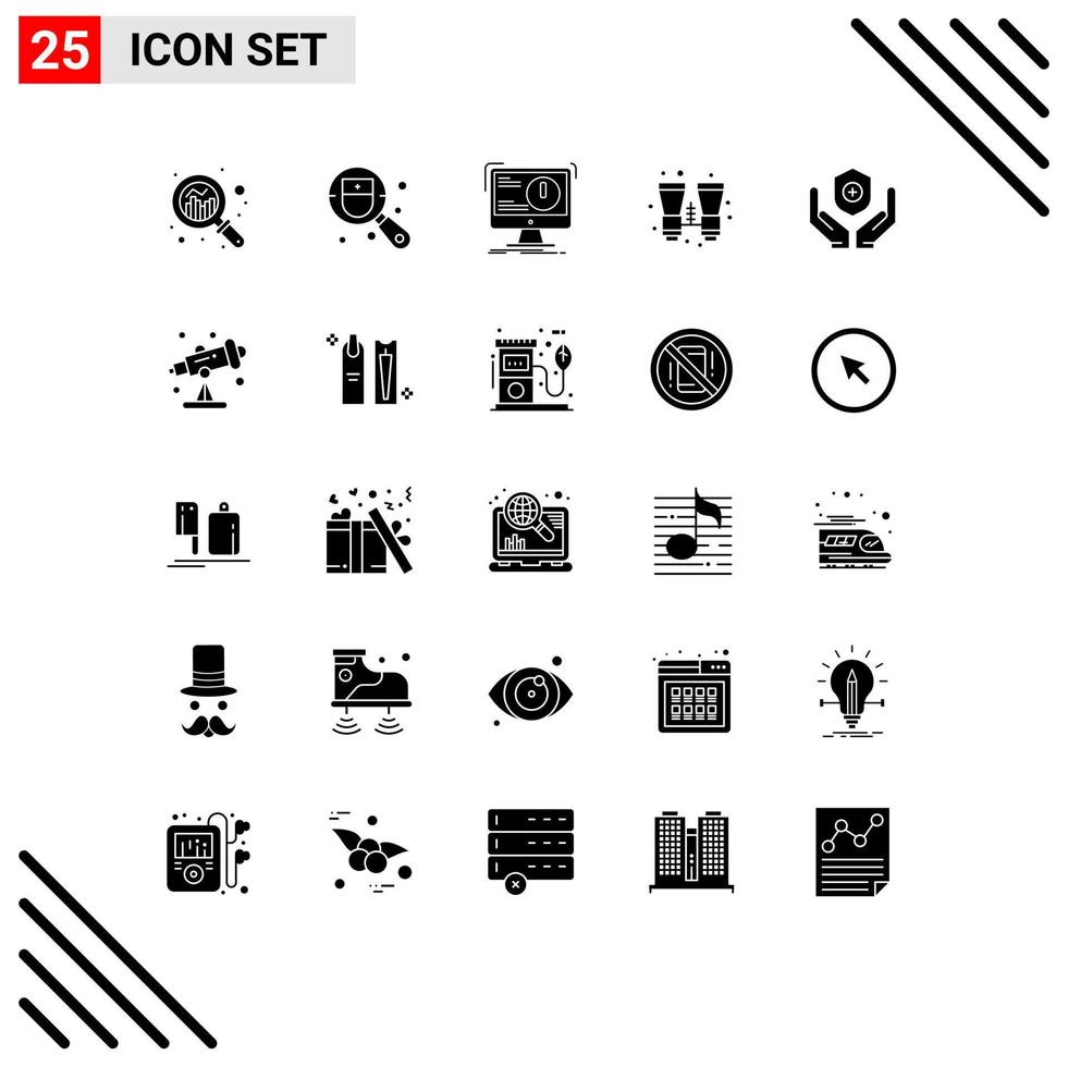 User Interface Pack of 25 Basic Solid Glyphs of medical search alert binoculars virus Editable Vector Design Elements