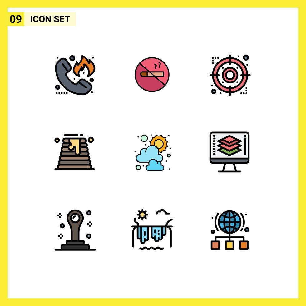 Mobile Interface Filledline Flat Color Set of 9 Pictograms of sun wedding health cake focus Editable Vector Design Elements