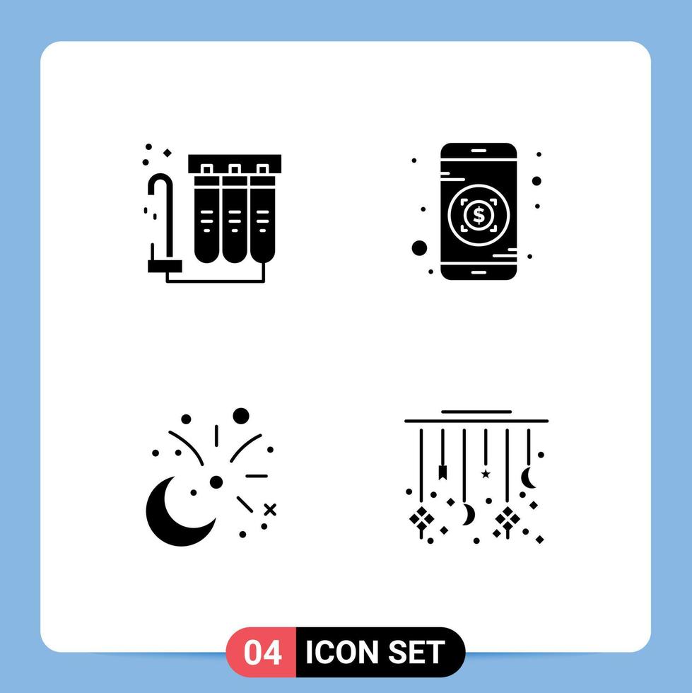 conjunto de pictogramas de 4 glifos sólidos simples de celebración de filtro agua fuegos artificiales móviles elementos de diseño vectorial editables vector