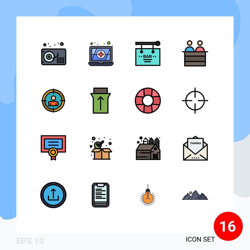16 Universal Flat Color Filled Lines Set for Web and Mobile Applications slide audience targeting sign target person Editable Creative Vector Design Elements
