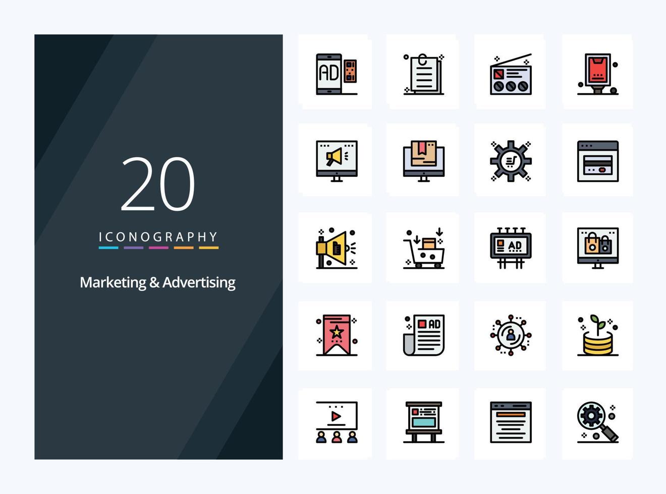 20 Marketing And Advertising line Filled icon for presentation vector