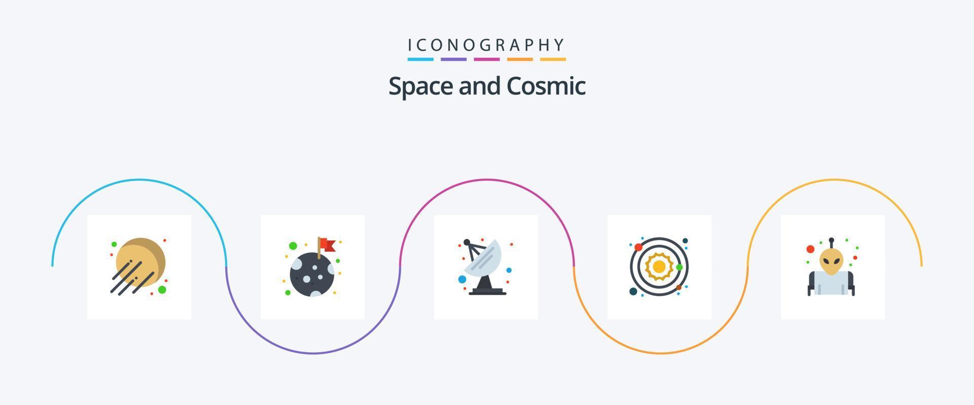 paquete de iconos de espacio plano 5 que incluye. planeta. comunicación. extraterrestre. estrella vector