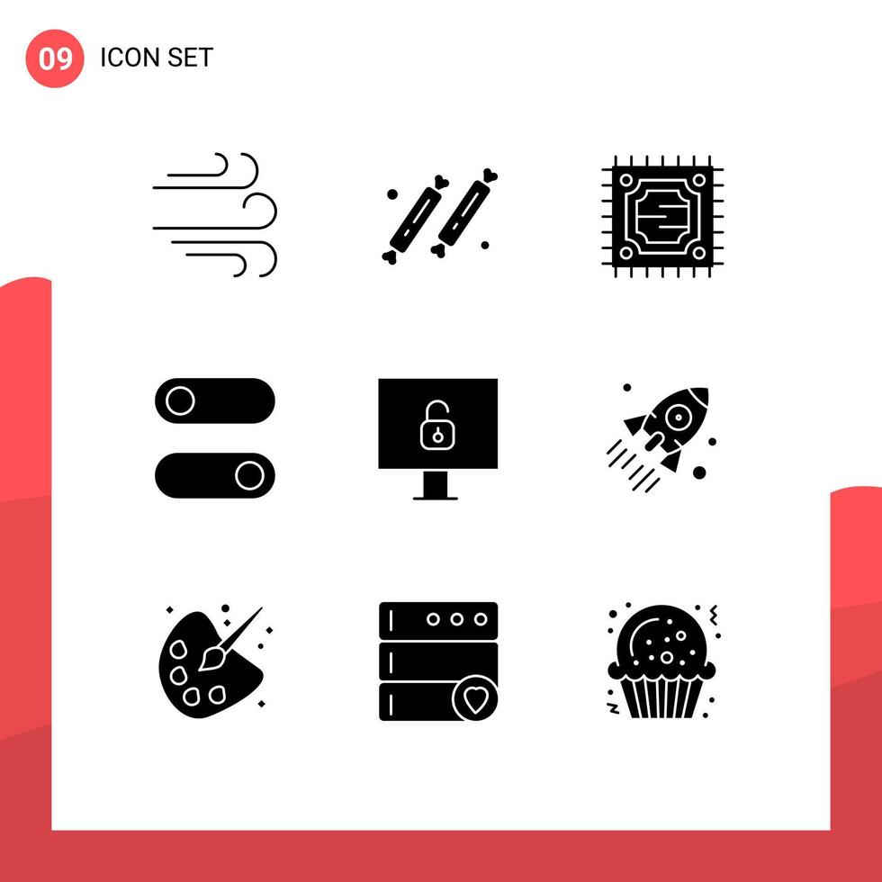 User Interface Pack of 9 Basic Solid Glyphs of launch lock cpu computer switch Editable Vector Design Elements