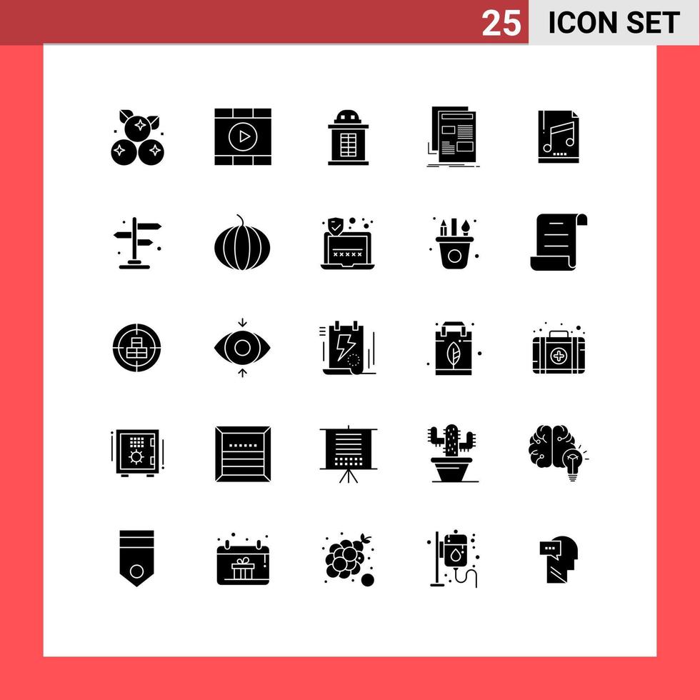 25 Thematic Vector Solid Glyphs and Editable Symbols of computer paper ticket media newsletter Editable Vector Design Elements