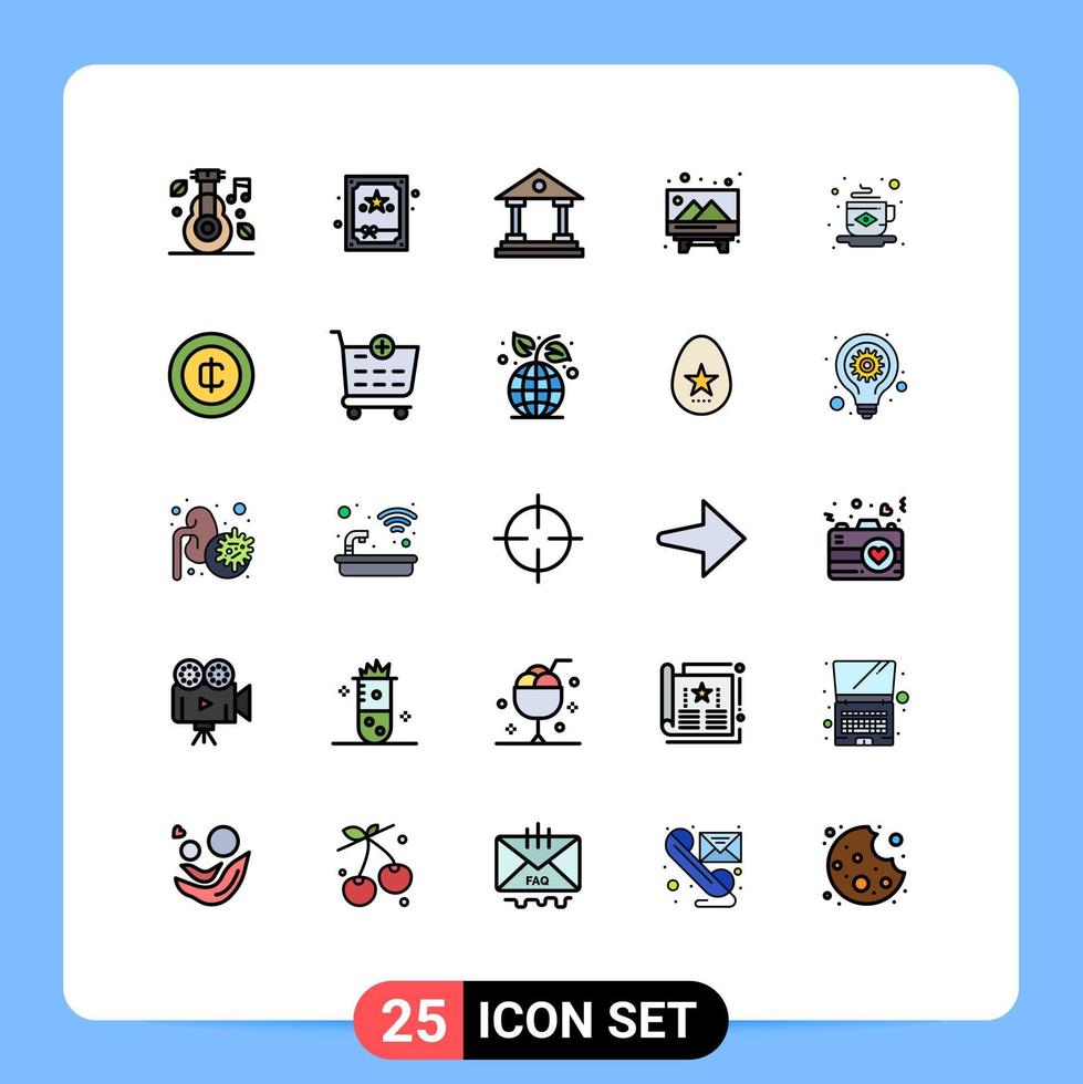paquete de 25 modernos signos y símbolos de colores planos de línea rellena para medios de impresión web, como elementos de diseño de vectores editables del tablero de imágenes del banco de la escuela de café