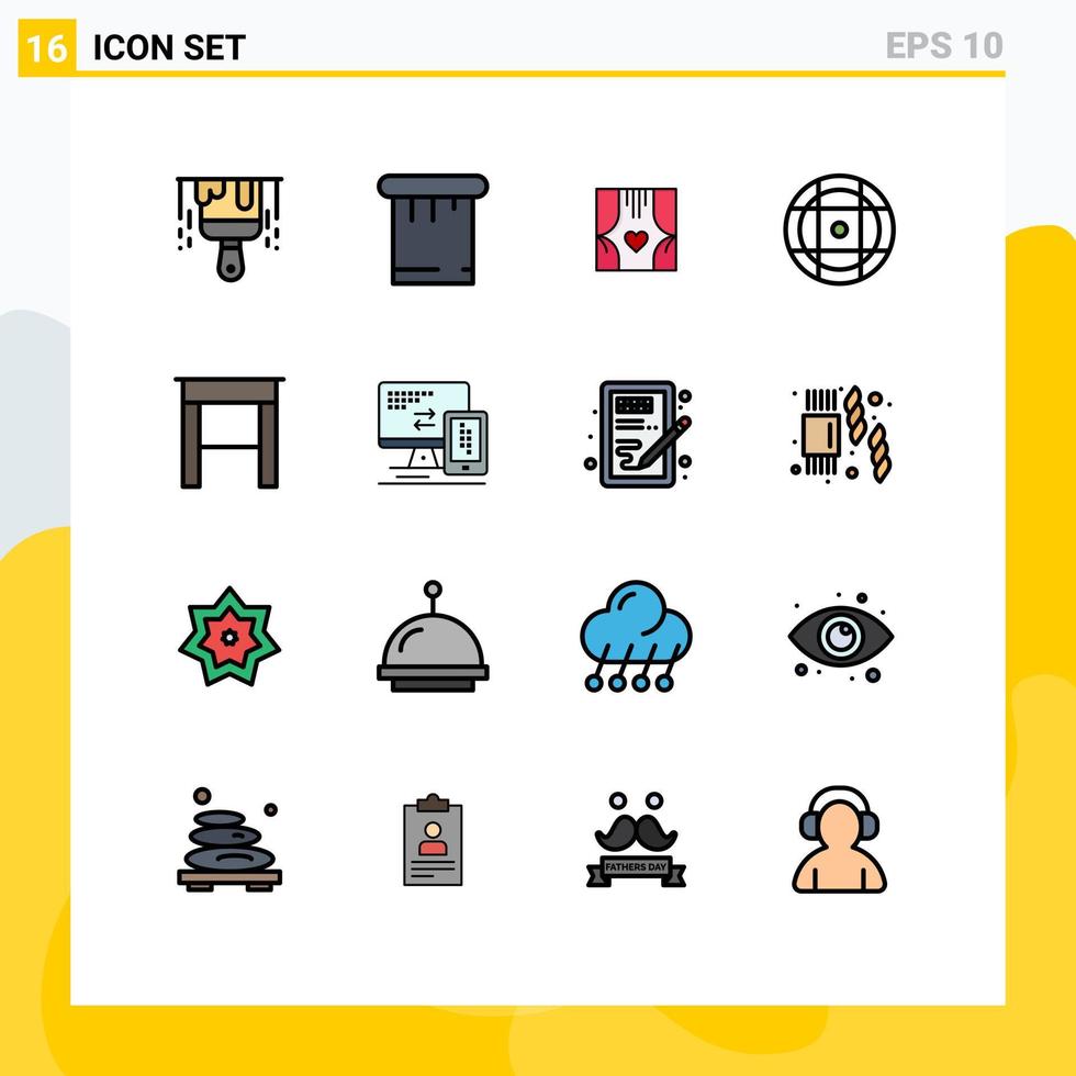 16 Universal Flat Color Filled Line Signs Symbols of computer furniture curtains desk equipment Editable Creative Vector Design Elements