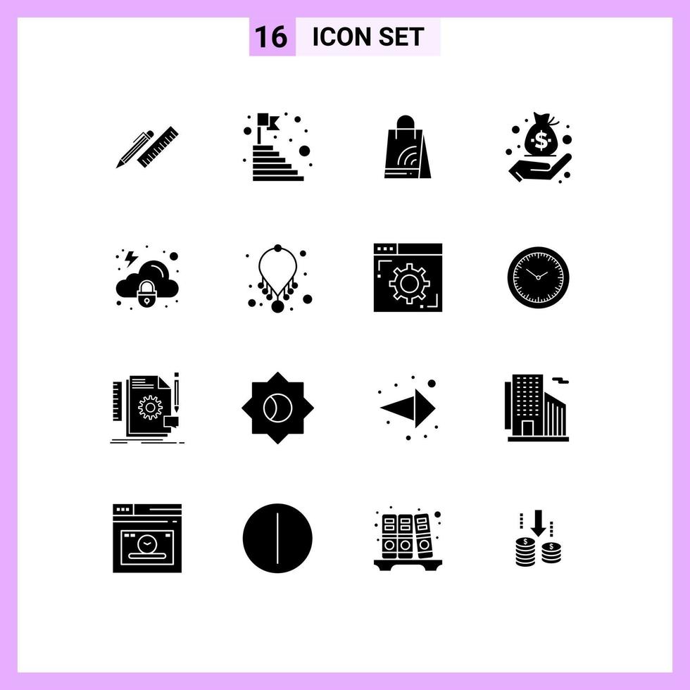 Universal Icon Symbols Group of 16 Modern Solid Glyphs of hand business mountain shopping handbag Editable Vector Design Elements