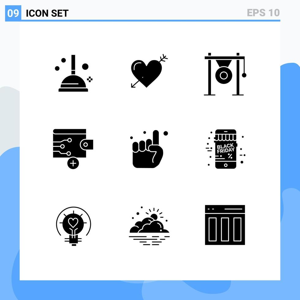Group of 9 Solid Glyphs Signs and Symbols for pray wallet audio finance sound Editable Vector Design Elements