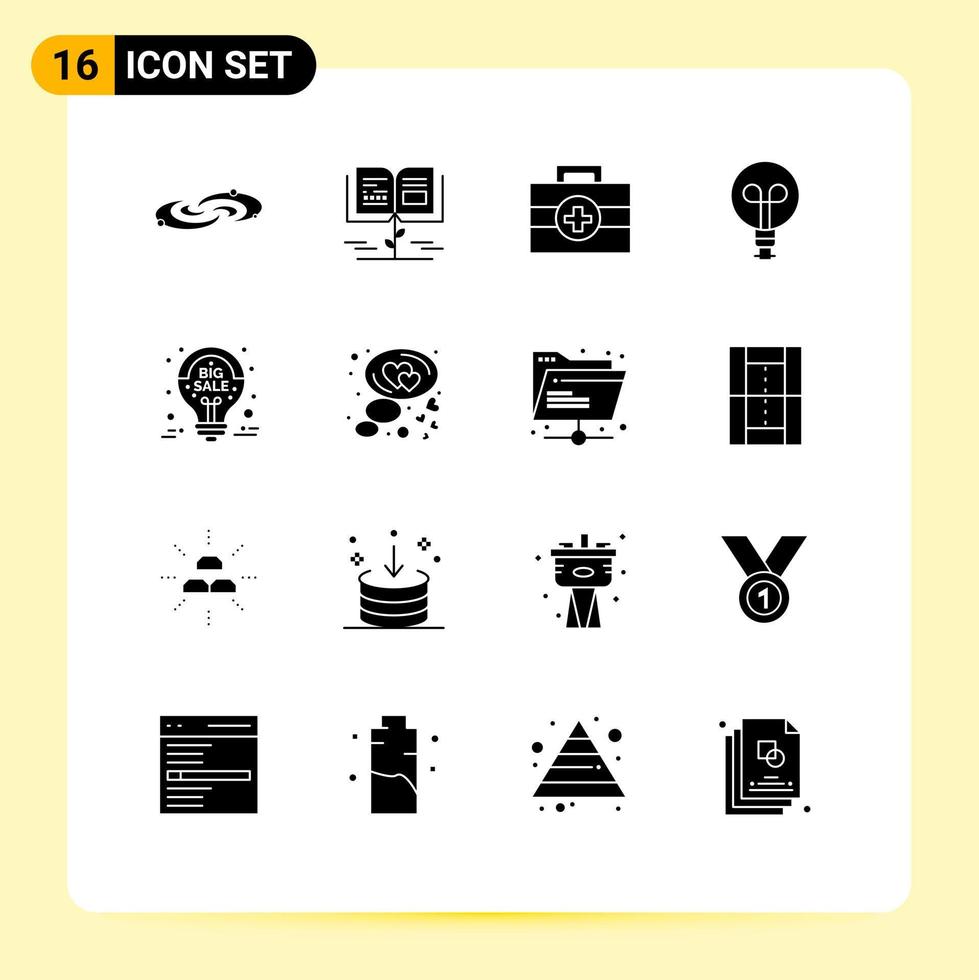 Pack of 16 Modern Solid Glyphs Signs and Symbols for Web Print Media such as big sale ideas education design bulb Editable Vector Design Elements