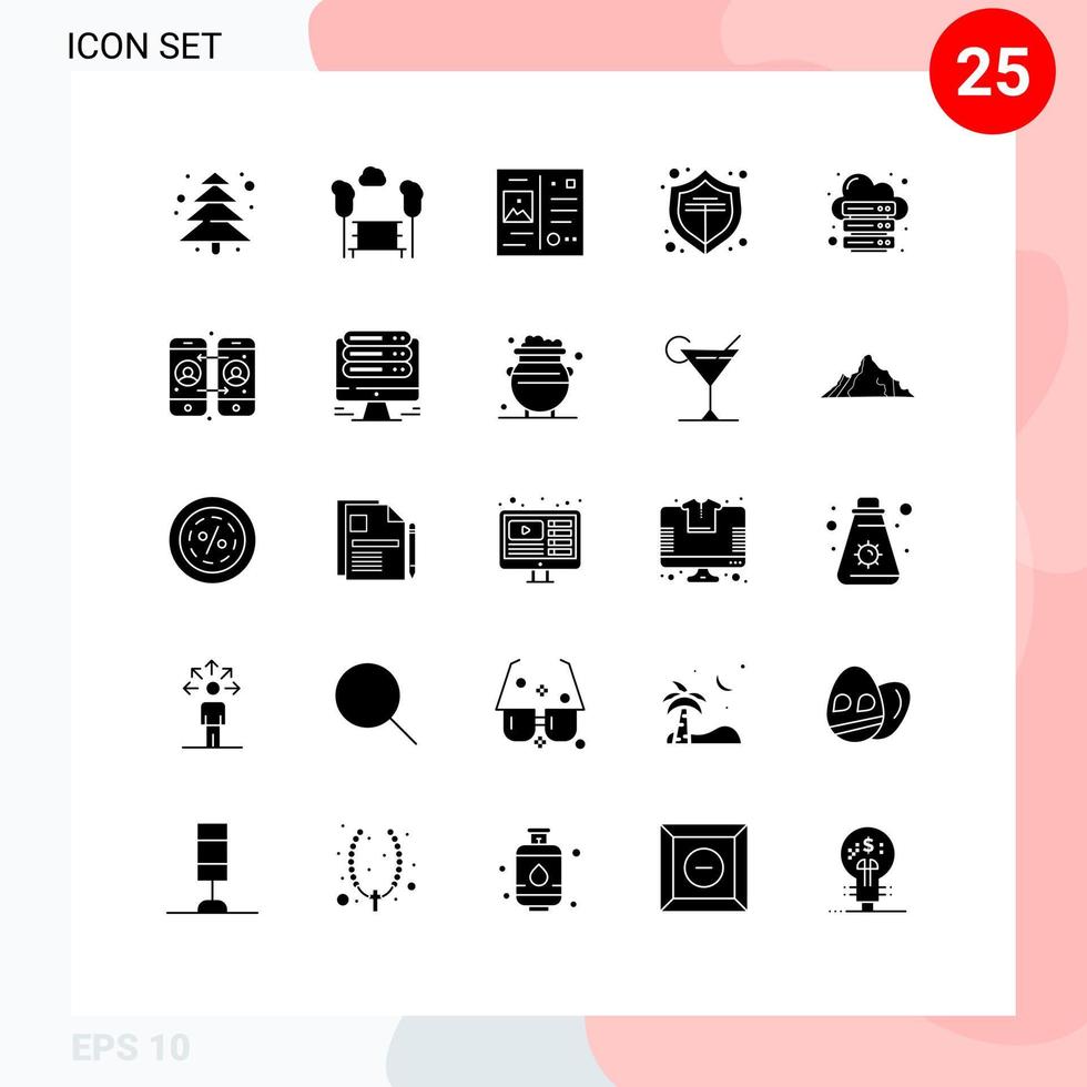 Set of 25 Vector Solid Glyphs on Grid for server hosting postcard database protect Editable Vector Design Elements