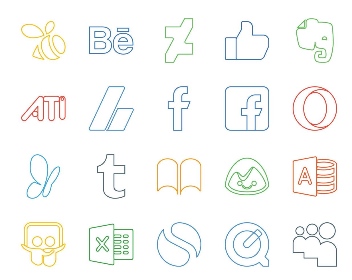 Paquete de 20 íconos de redes sociales que incluye compartir diapositivas simples Facebook Microsoft Access iBooks vector