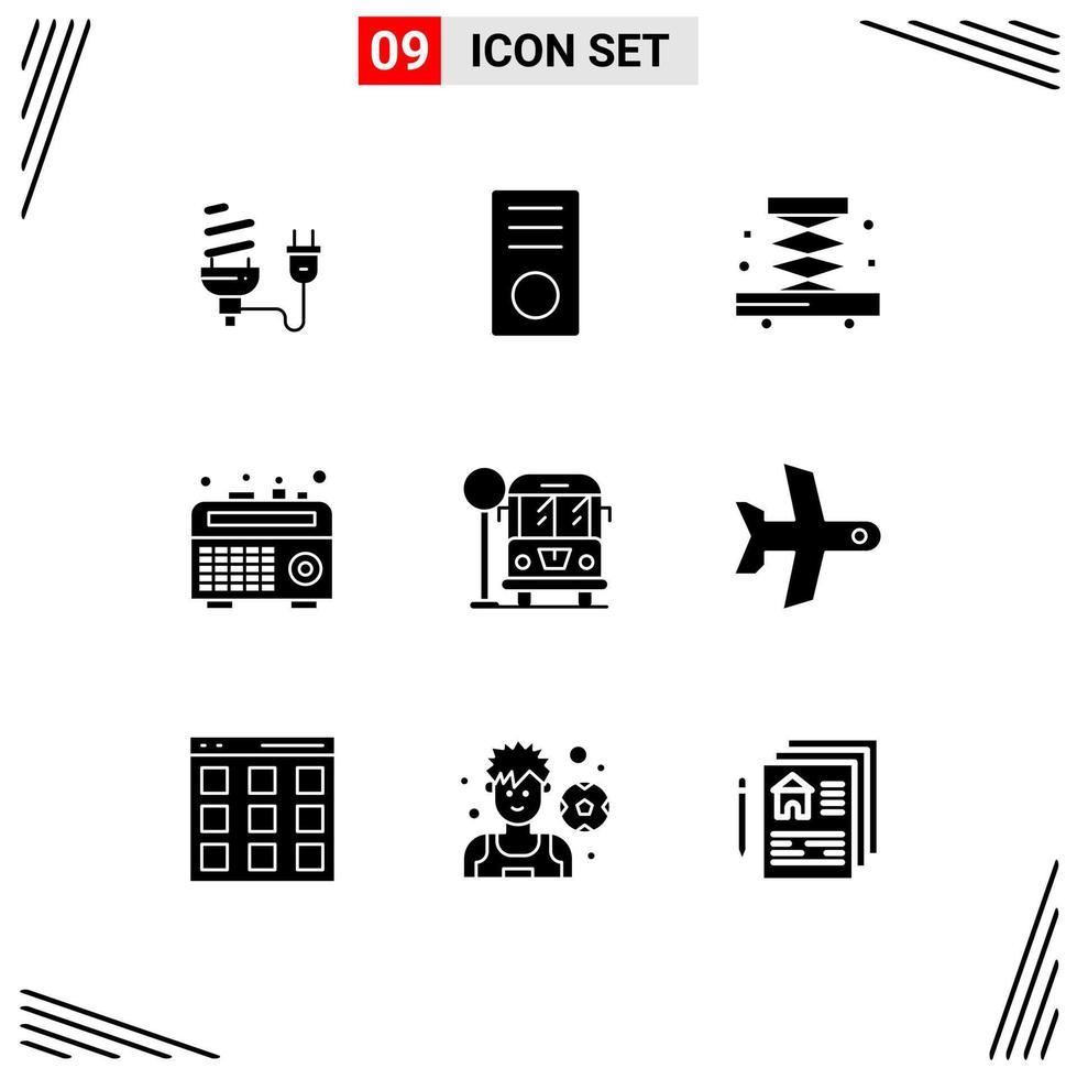 paquete de glifos sólidos de 9 símbolos universales de dispositivos de radio de la ciudad elementos de diseño de vectores editables de la industria de boom box