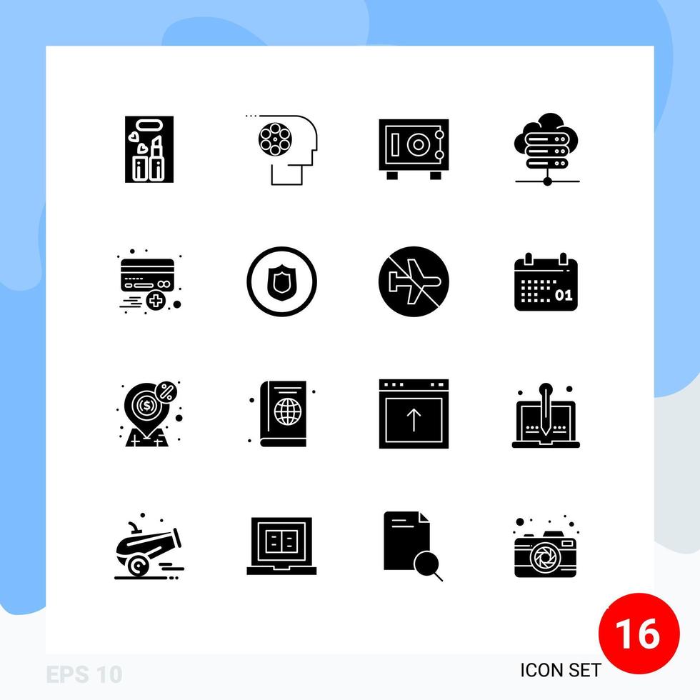 Group of 16 Modern Solid Glyphs Set for credit add personnel server connection database Editable Vector Design Elements