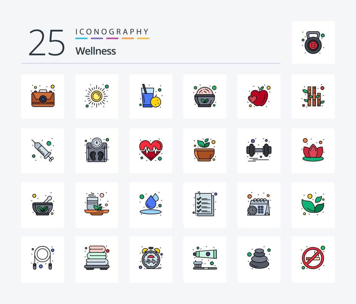 Wellness 25 Line Filled icon pack including apple. salad. yoga. healthy. health vector