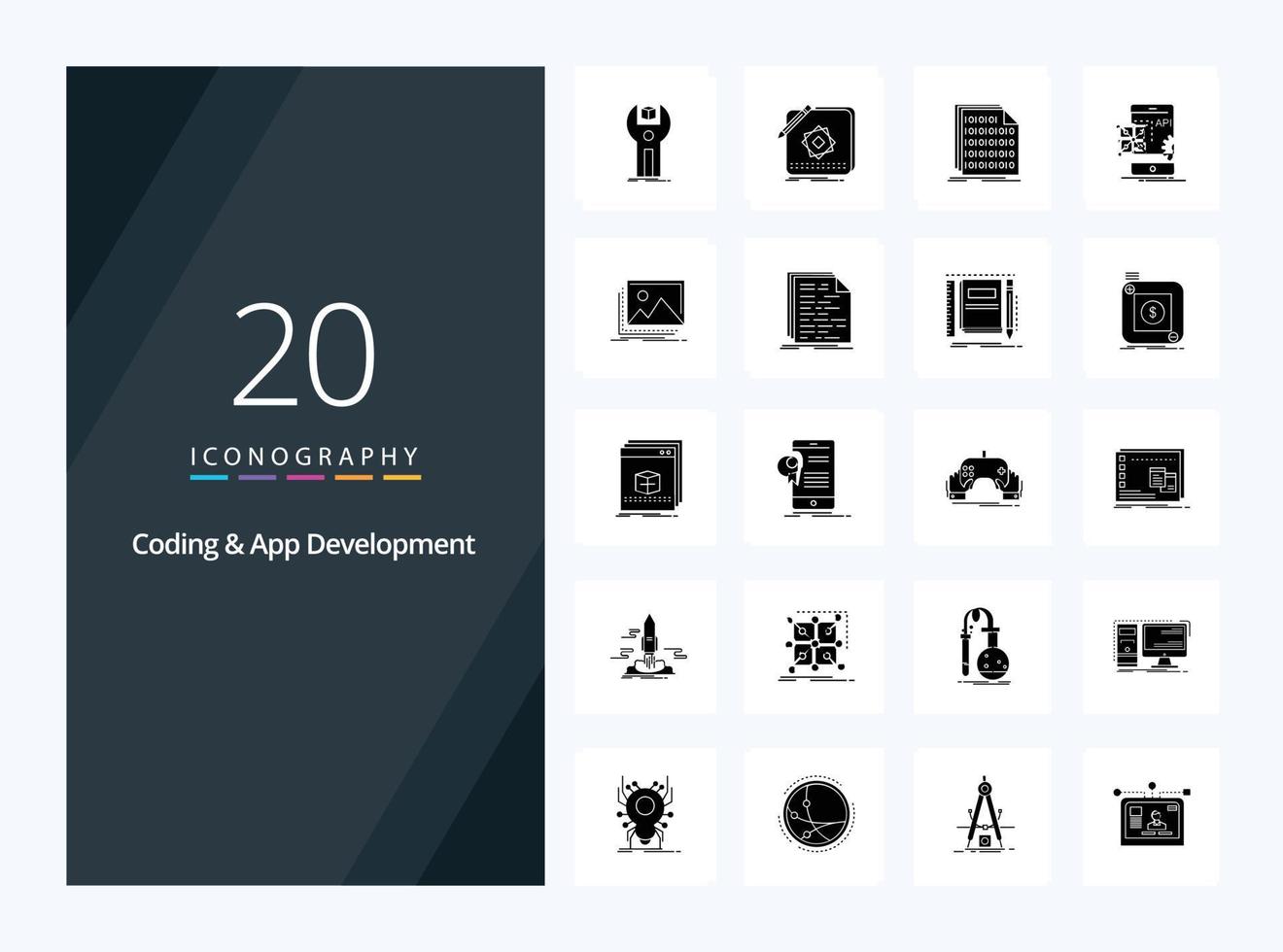 20 codificación y desarrollo de aplicaciones icono de glifo sólido para presentación vector