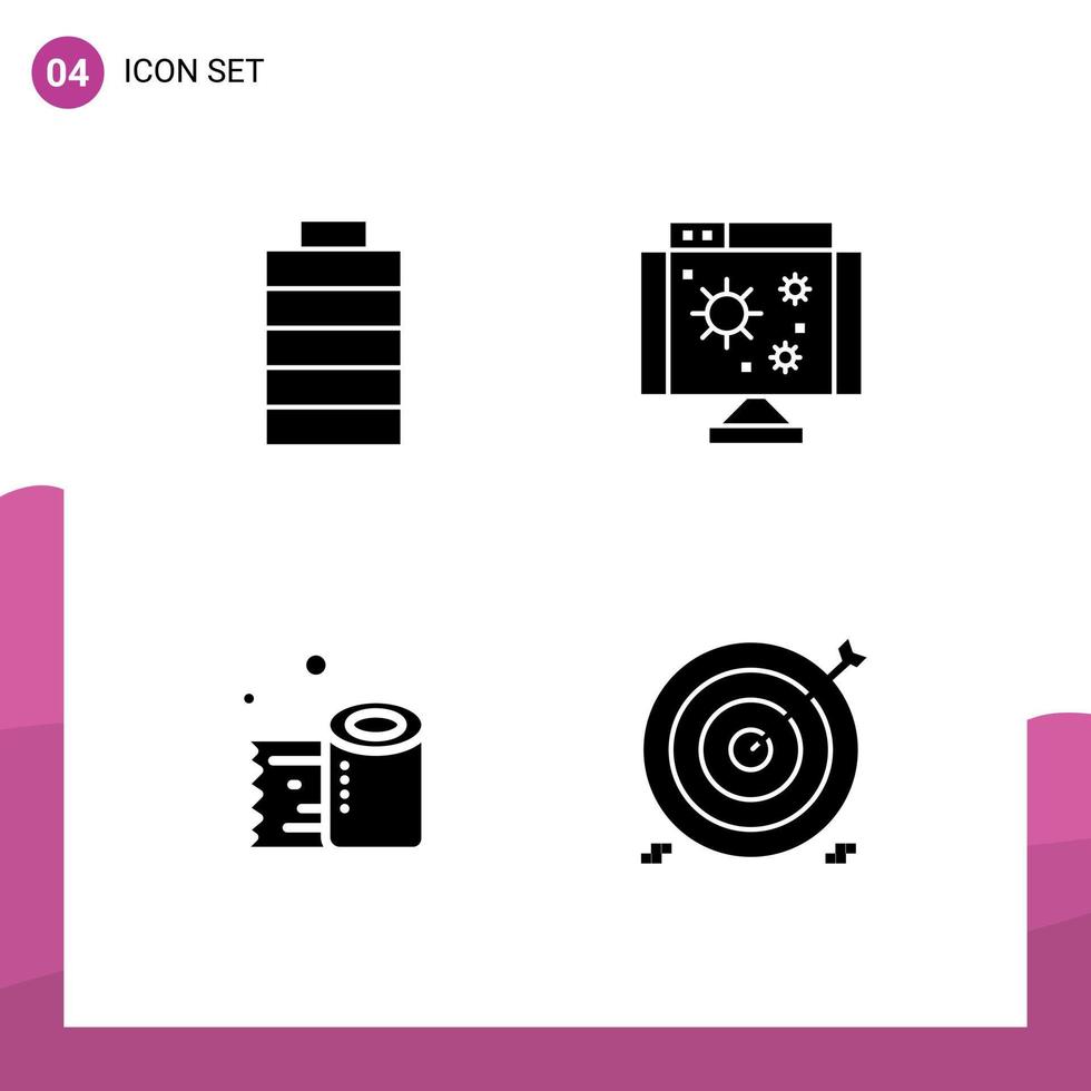 Universal Icon Symbols Group of 4 Modern Solid Glyphs of battery tissue paper biology virus aim Editable Vector Design Elements