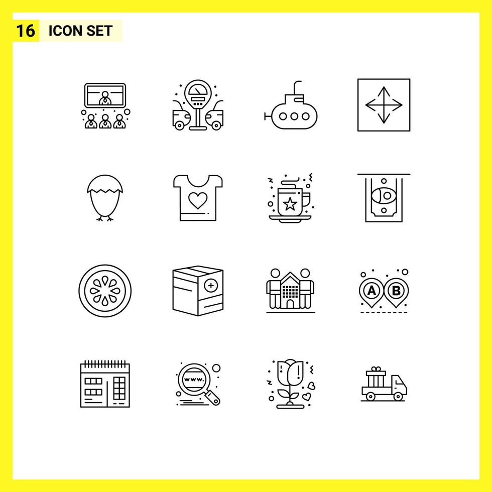 Group of 16 Modern Outlines Set for egg bird bathyscaph interface arrow Editable Vector Design Elements