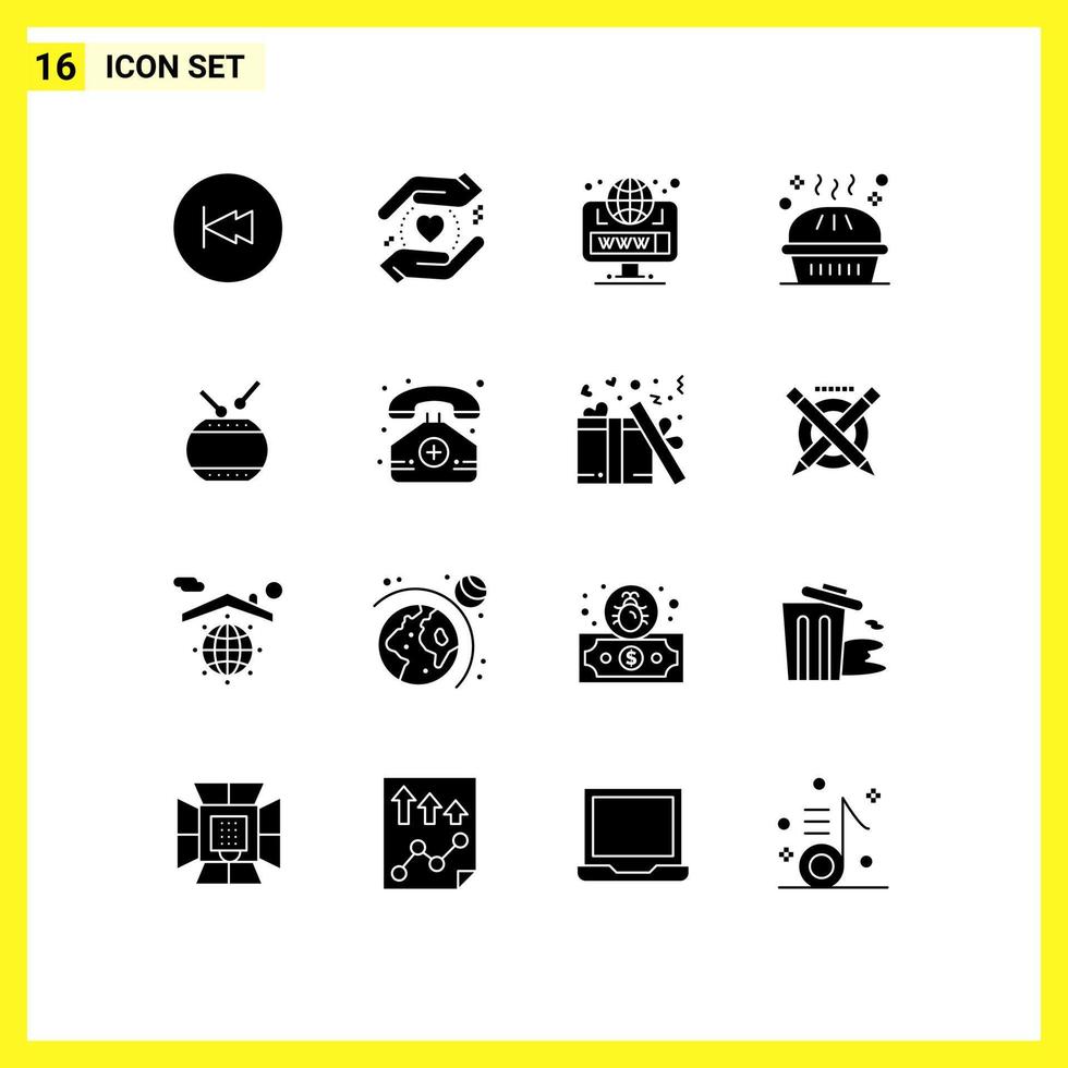 16 Universal Solid Glyphs Set for Web and Mobile Applications drum pie browser holiday bakery Editable Vector Design Elements