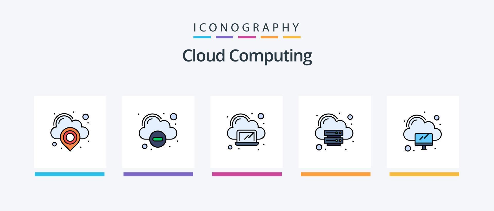 la línea de computación en la nube llenó el paquete de 5 íconos, incluida la carga. servidor. informática. red. nube. diseño de iconos creativos vector