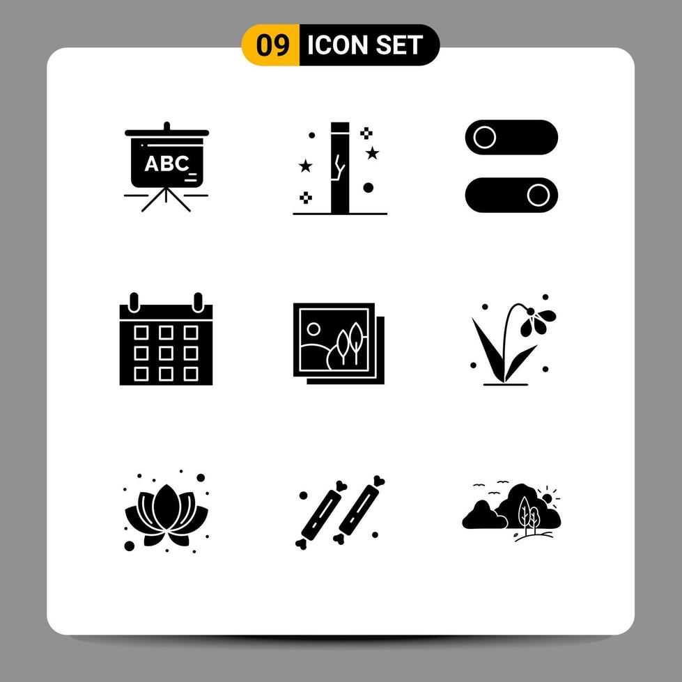 Solid Glyph Pack of 9 Universal Symbols of picture gallery control frame holidays Editable Vector Design Elements