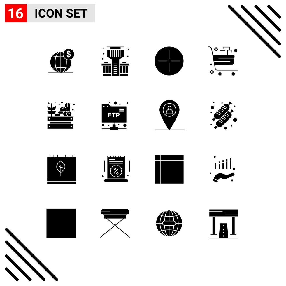 Group of 16 Modern Solid Glyphs Set for farming gift ancient commerce buy Editable Vector Design Elements