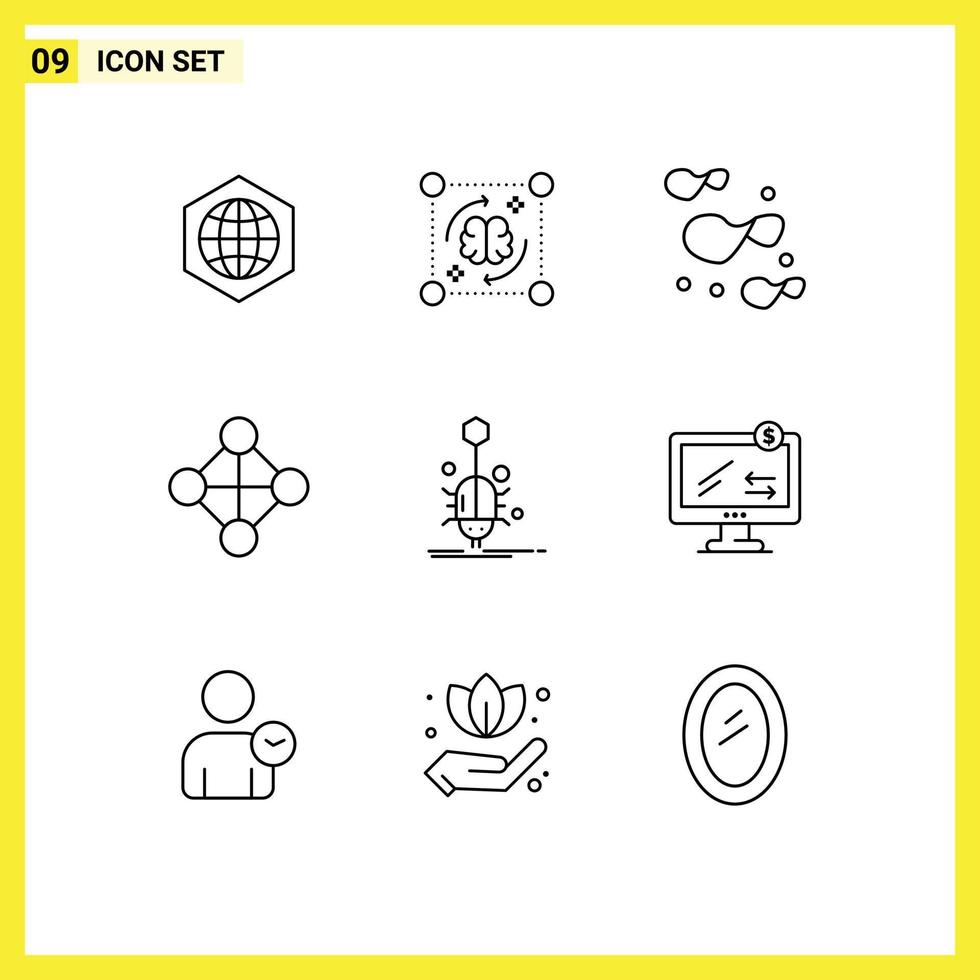 Pack of 9 Modern Outlines Signs and Symbols for Web Print Media such as spider bug storming topology hierarchy Editable Vector Design Elements