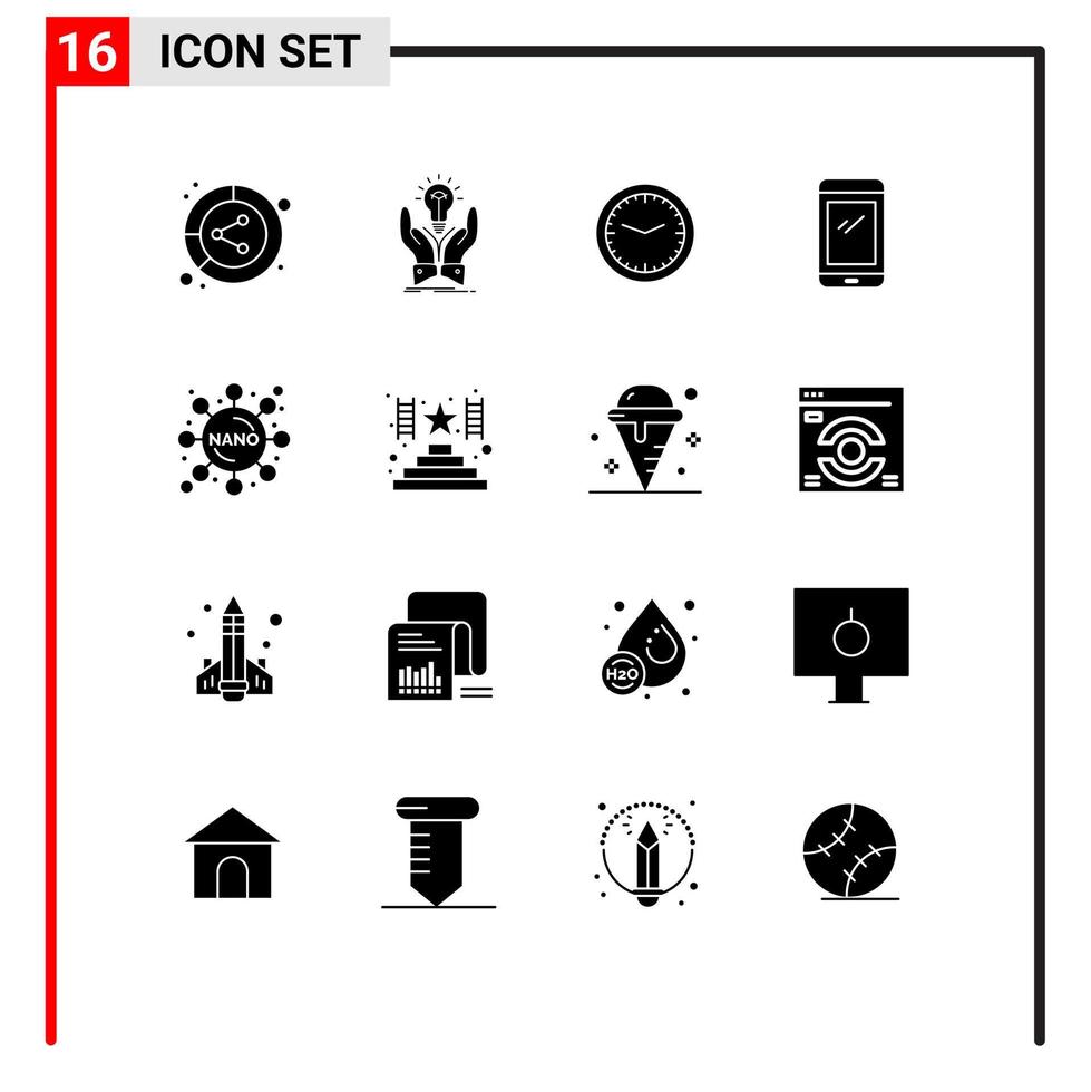 Mobile Interface Solid Glyph Set of 16 Pictograms of mobile phone share watch time Editable Vector Design Elements