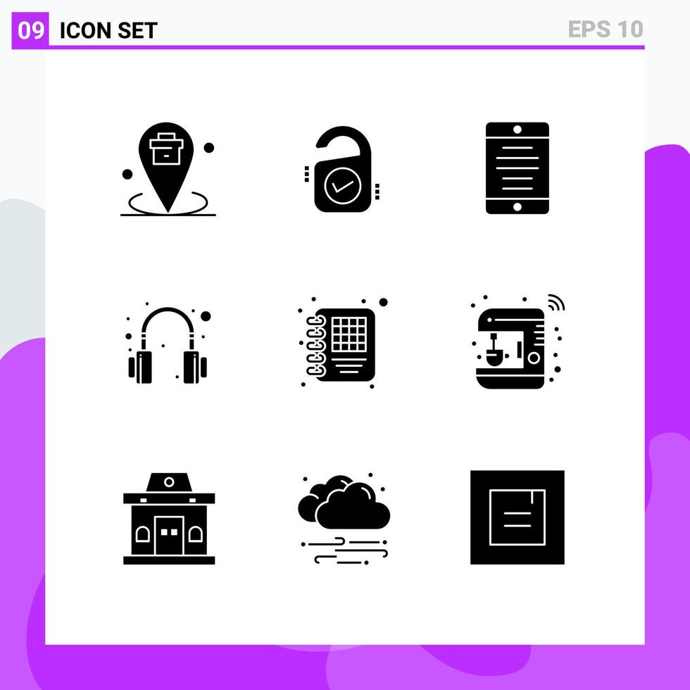Group of 9 Solid Glyphs Signs and Symbols for diary headset sign headphones user Editable Vector Design Elements