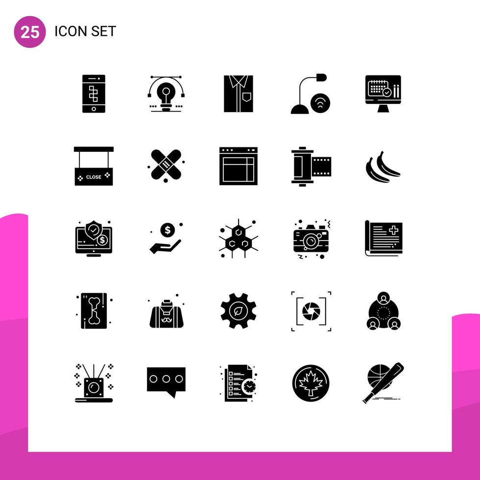 Mobile Interface Solid Glyph Set of 25 Pictograms of devices wear drawing formal dress Editable Vector Design Elements