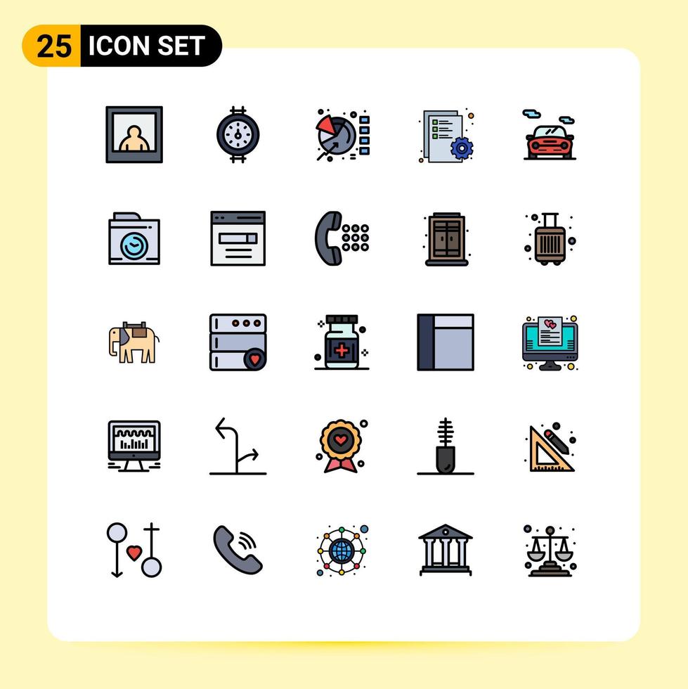 Pack of 25 Modern Filled line Flat Colors Signs and Symbols for Web Print Media such as camera transport statistics car file Editable Vector Design Elements